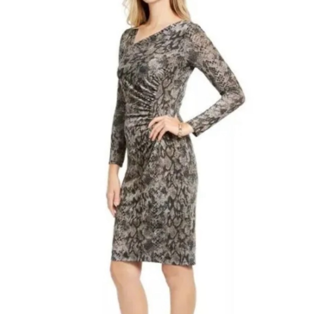 Vince Camuto snake print asymmetrical neck long sleeve ruched dress size 10